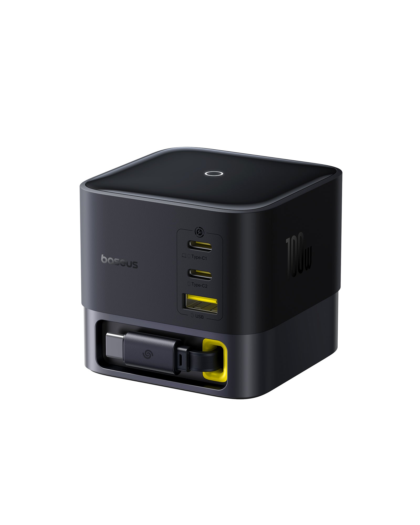 Nabíječka do sítě Baseus Super GaN 100W s navíjecím kabelem USB-C 82cm, 1xUSB, 2xUSB-C černá